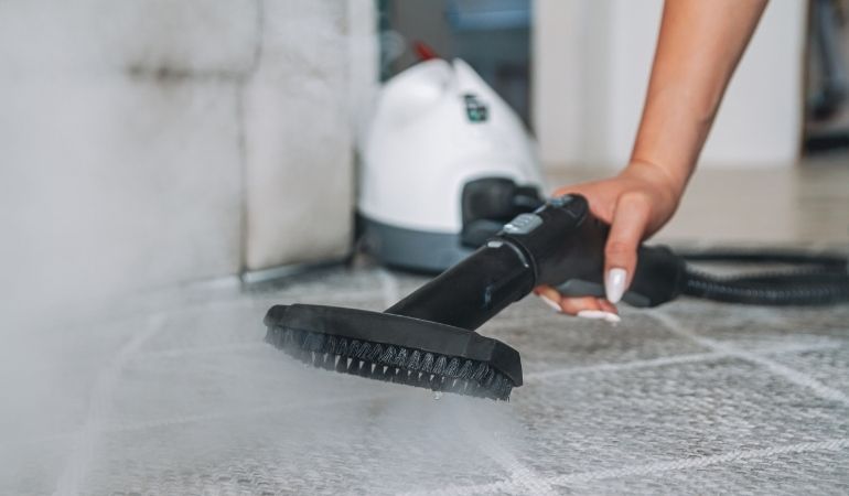 steam cleaning floor with brush head